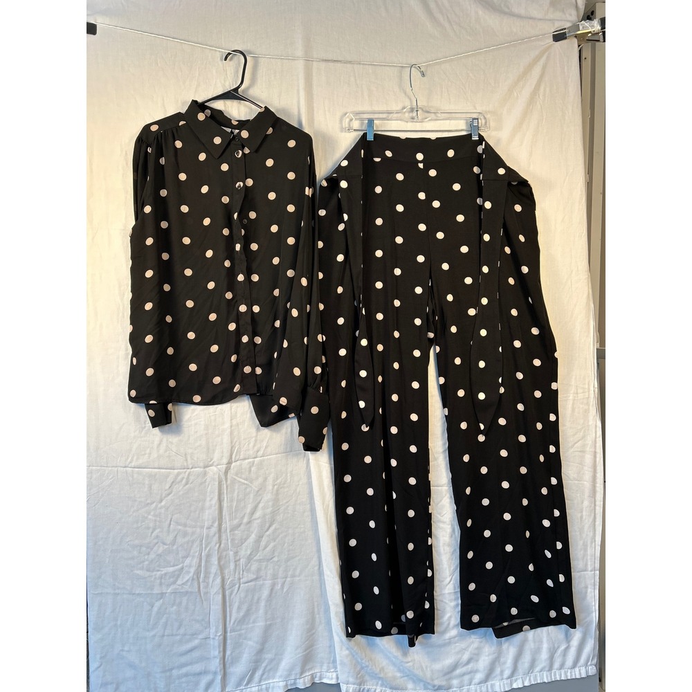 Eva Mendes NY&Co Polka Dot 2 Piece Set Blouse Wide Leg Pants Black XXL #2276-7